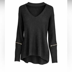 Black V-Neck Sweater with Zipper Details 1X
